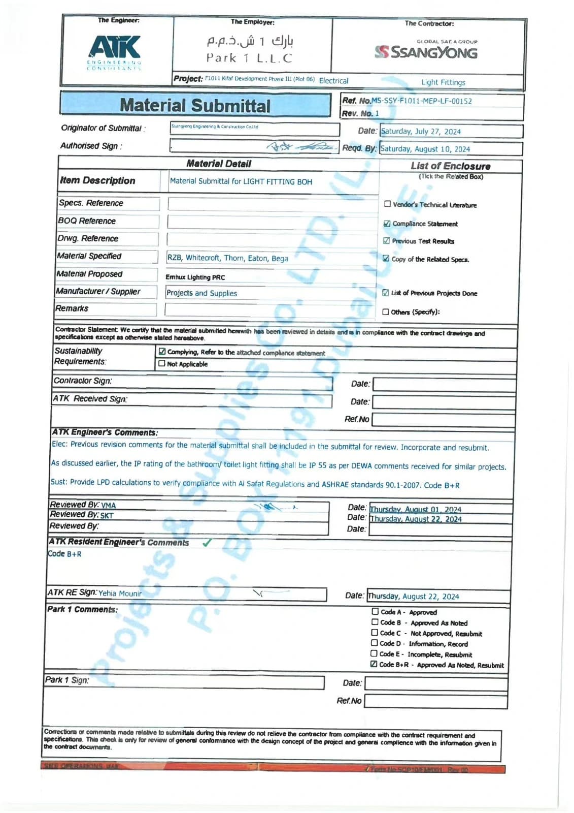 Light Fitting (BOH) — Material Submittal — F1011 Kifaf Development, Phase III (Plot 06)